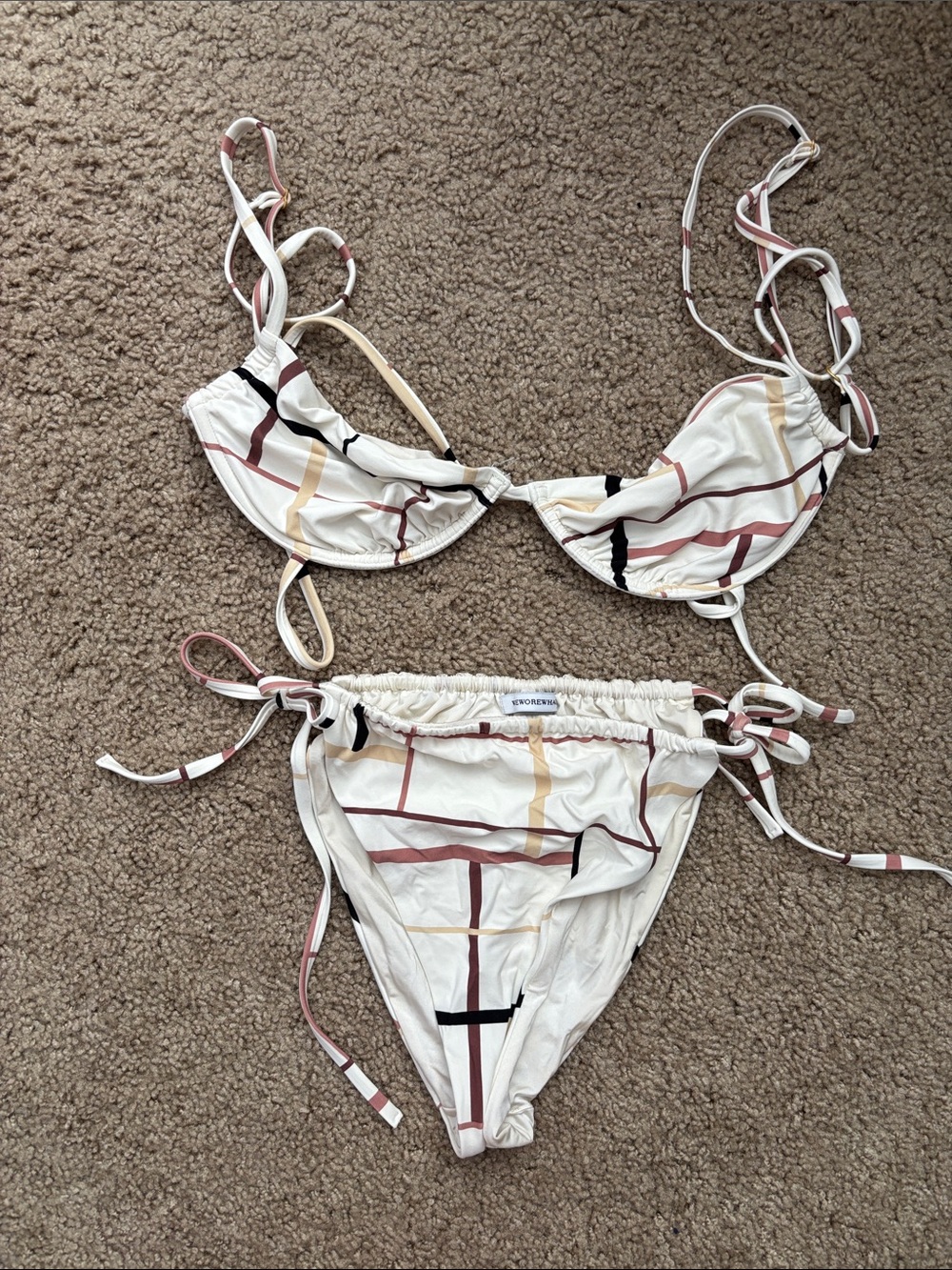 WeWoreWhat Plaid Print Tie-Side Bikini Set in Cream, worn once